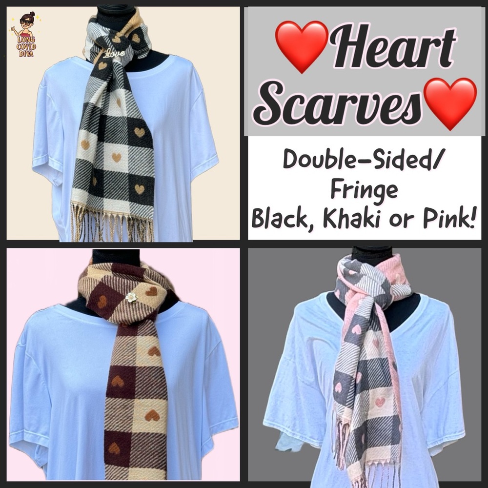 🖤🤎🩷NWT/Heart Scarves/Double-Sided/Fringe/Black, Khaki, or Pink/OS